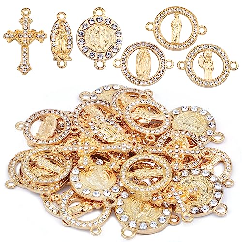 30pcs Golden Alloy Mixed Rhinestone Religious Cross and Center Miraculous Medal Charms Our Lady Virgin Mary Jesus Pendant Links for DIY Rosary Beads Necklace Jewelry Making, 6 Styles