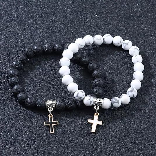 Matte Lava Rock Beaded Couple Bracelet Set for Women Men Black White 8mm Howlite Natural Volcanic Stone Matching Beads Elastic Cross Pendant Stretch Bracelets Religion Charm Friendship BFF Jewelry
