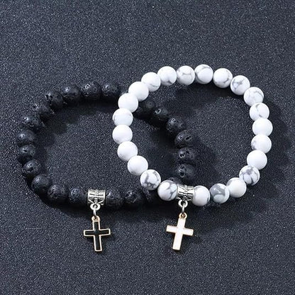 Matte Lava Rock Beaded Couple Bracelet Set for Women Men Black White 8mm Howlite Natural Volcanic Stone Matching Beads Elastic Cross Pendant Stretch Bracelets Religion Charm Friendship BFF Jewelry
