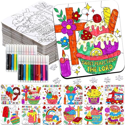 24 Sets Religious Sunday School Crafts for Kids Bulk, Christian VBS Craft Puzzle Ice Cream Bible Jesus Loves, Summer DIY Arts for Classroom Activities, Back to School gifts, Coloring Games Supplies - color: Ice Cream Religious Colorful