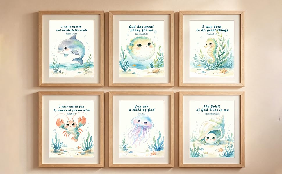 6Pcs Watercolor Sea Animal Bible Verse Nursery Unframed Wall Art Print Set - color: Lobster Shell