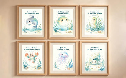 6Pcs Watercolor Sea Animal Bible Verse Nursery Unframed Wall Art Print Set - color: Lobster Shell