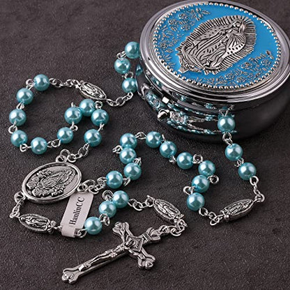 HanlinCC Guadalupe Catholic Rosary Glass Pearl Beads Necklace with Gift Box - color: Guadalupe Rosary Light Blue