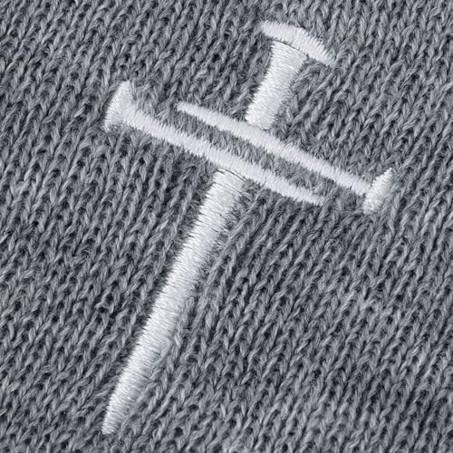 Christian Jesus Cross Beanie - Faith Winter Beanie Hats for Men Women - Religious Gifts for Christmas & New Years - color: Three Nails Cross/Grey
