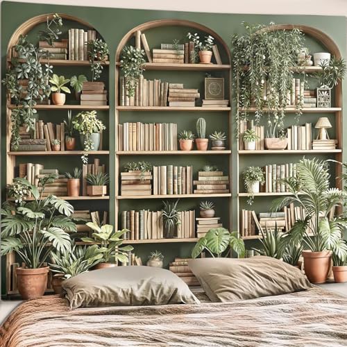 Accnicc Sage Green Plant Bookshelf Tapestry Botanical Bookshelf Tapestries Wall Hanging Vintage Potted Plants Library Backdrop Extra Large Tapestry for Bedroom Living Room Dorm 90 x 68 inch - color: Sage Green, size: 90"L x 68"W