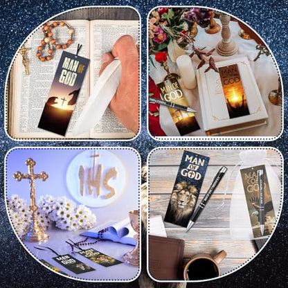 Supervitae 12 Sets Man of God Gifts for Men Included 12 Christian Ballpoint Pens 24 Bible Verse Bookmark Church Gifts Bulk for Men Dad Religious Party Favors Christian Gift