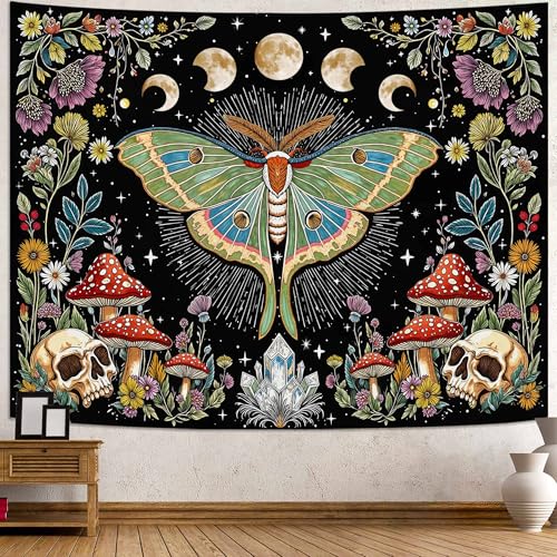 Accnicc Moth Tapestry Boho Mushroom Hippie Skull Wall Tapestry for Bedroom Aesthetic Vintage Floral Plant Moon Phase Small Tapestries Wall Hanging for Dorm Living Room Decor 60 x 44 Inch - color: Green Black, size: 60"L x 44"W