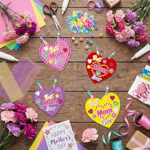 BeYumi Mom Necklace Craft Kit - 24Pcs Mother's Day DIY Foam Heart Best Mom Ever Necklace Making Kit With Gem Sticker DIY Thank You Craft for Kid Home School Classroom Family Party Favor Fun Activities - style: Best Mom Ever