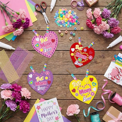 BeYumi Mom Necklace Craft Kit - 24Pcs Mother's Day DIY Foam Heart Best Mom Ever Necklace Making Kit With Gem Sticker DIY Thank You Craft for Kid Home School Classroom Family Party Favor Fun Activities - style: Best Mom Ever