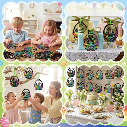 CY2SIDE 60PCS Religious Baskets with Egg Cross Scratch Card Gift Set DIY Christian Jesus is Risen Scratch Paper Craft for Kid Sunday School Activity Easter Bunny Magic Art Rainbow Color Paper Ornament - style: Easter Basket Cross