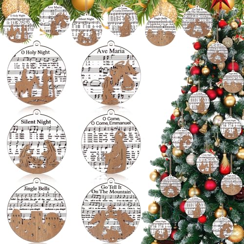 Shellwei 24 Pcs Christmas Ornament Bulk Wooden Nativity Scene Music Sheet - style: Stylish