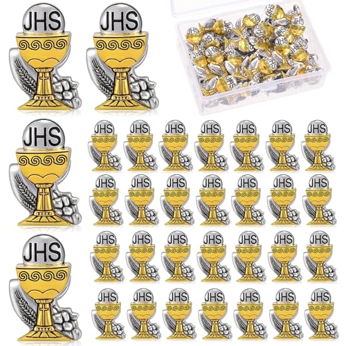 Hoteam 50 Pcs First Communion Enamel Lapel Pins Bulk Chalice with Grapes and Wheat Gold Plated Religious Pins Gifts for First Holy Communion Catholic Baptism Christian Memorial Favors - style: Retro