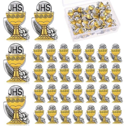 Hoteam 50 Pcs First Communion Enamel Lapel Pins Bulk Chalice with Grapes and Wheat Gold Plated Religious Pins Gifts for First Holy Communion Catholic Baptism Christian Memorial Favors - style: Retro