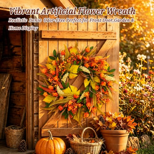 Grooy 24 Inch Artificial Fall Wreath for Front Door
