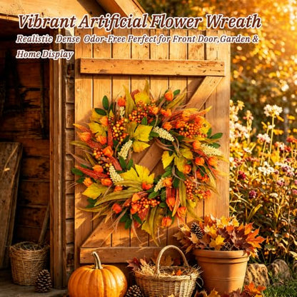 Grooy 24 Inch Artificial Fall Wreath for Front Door
