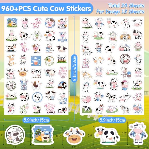 LINAYE 24 Sheets Cow Stickers for Kids, 960 PCS Waterproof Self Adhesive Cow Supplies Party Favors Crafts Stuff Rewards for Kids Boys Girls - style: Cow 24 Sheets