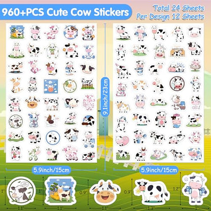 LINAYE 24 Sheets Cow Stickers for Kids, 960 PCS Waterproof Self Adhesive Cow Supplies Party Favors Crafts Stuff Rewards for Kids Boys Girls - style: Cow 24 Sheets