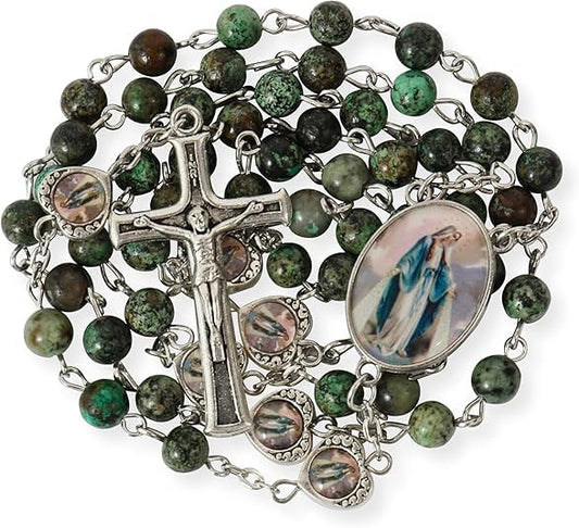 Nazareth Store Natural Stone Beads with Miraculous Epoxy Heart Metal Beads Rosary Necklace Gemstone Christian Gifts - color: Jasper