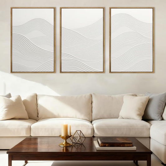 Anyzal Large White Textured Framed Wall Art 16x24 Inch Neutral Abstract Modern Canvas Wall Decor Gray Minimalist Ocean Waves Artwork for Living Room Bedroom Office Set of 3 - color: White and grey, size: 24"L x 16"W