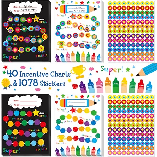 40 Pack Incentive Chart, 2 Adorable Designs with 1078 Stickers, Classroom Family Reward Chart System for Kids Homework Assignments, Attendance, Good Behavior, Chores, Potty Training Progress - style: Universe and Dinosaurs
