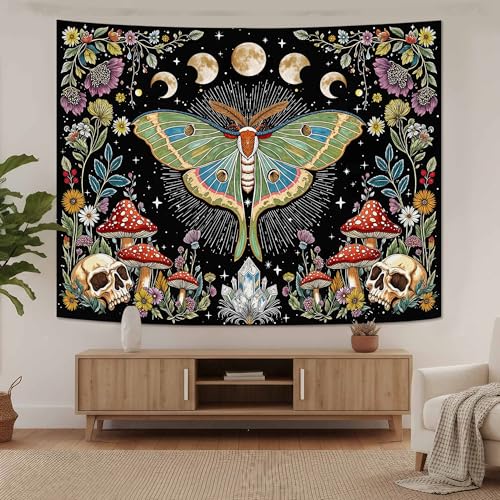 Accnicc Moth Tapestry Boho Mushroom Hippie Skull Wall Tapestry for Bedroom Aesthetic Vintage Floral Plant Moon Phase Small Tapestries Wall Hanging for Dorm Living Room Decor 48 x 36 Inch - color: Green Black, size: 48"L x 36"W
