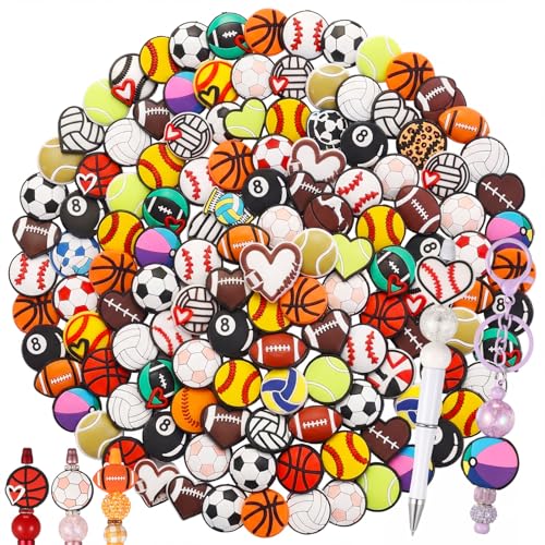 Tondiamo 60 Pcs Sports Ball Silicone Focal Beads for Pens Bulk Sports Theme Silicone Focal Bead for Beaded Pen Necklace Bracelet Charms Keychain Making Jewelry Making DIY Gifts (Ball) - style: Ball