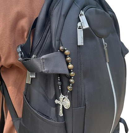 Nazareth Store Tiger Eye Beads One Decade Rosary Handmade Pocket Car Mirror with Saint Joseph Medal and Jesus Cross in Antique Silver Volcanic Stone Travel Friendly Rosary - color: Brown Tiger Eye