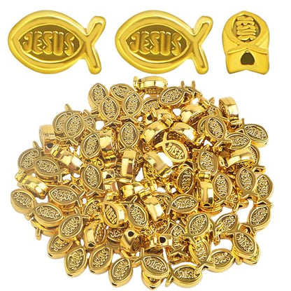 100pcs Jesus Fish Spacer Beads Religious Charm Beads Tibetan Alloy Christian Fish Shape Loose Beads for DIY Bracelet Necklace Jewelry Making Supplies - color: Antique Golden