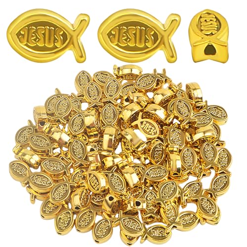 100pcs Jesus Fish Spacer Beads Religious Charm Beads Tibetan Alloy Christian Fish Shape Loose Beads for DIY Bracelet Necklace Jewelry Making Supplies - color: Antique Golden