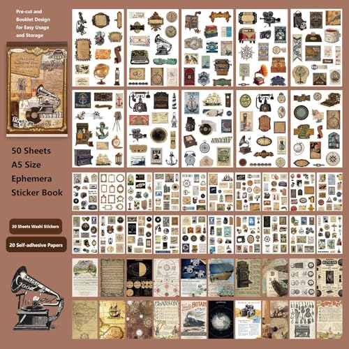 Vintage Ephemera Book, 50 Sheets A5 Stickers & Collage Papers - color: 50 Sheets Vintage Pre-cut Sticker Book