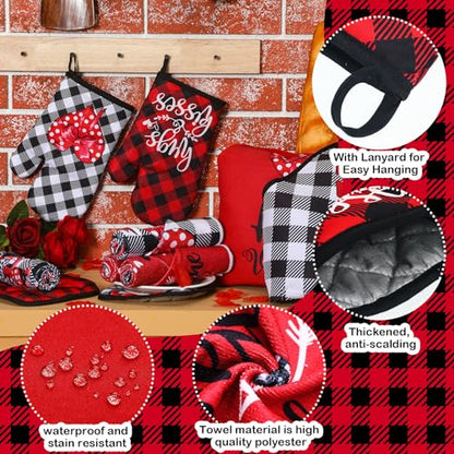 Newcotte 12 Pcs Valentine‘s Day Cooking Gift Sets for Couples Mr and Mrs Valentines Chef Apron Lovely Kitchen Towels Plaid Oven Mitt and Pot Holders Kitchen Accessories for Valentine‘s Day Gifts