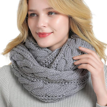 Winter Women Thick Cable Knit Ribbed Infinity Circle Loop Scarf - color: Soft Grey
