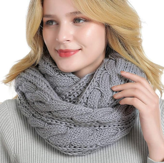 Winter Women Thick Cable Knit Ribbed Infinity Circle Loop Scarf - color: Soft Grey