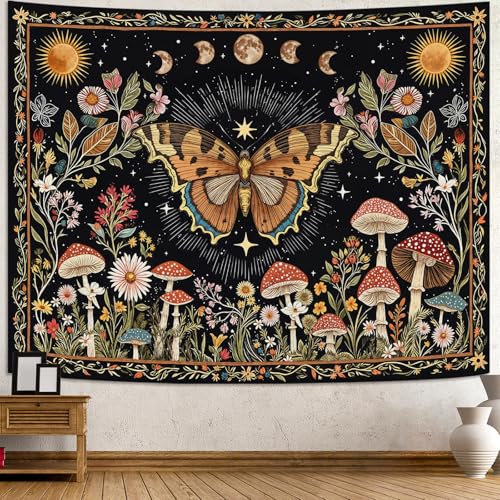 Accnicc Boho Butterfly Tapestry Mushroom Sun and Moon Hippie Wall Tapestry for Bedroom Aesthetic Vintage Floral Plant Small Tapestries Wall Hanging for Dorm Living Room Decor 60 x 44 Inch - color: Brown Black, size: 60"L x 44"W