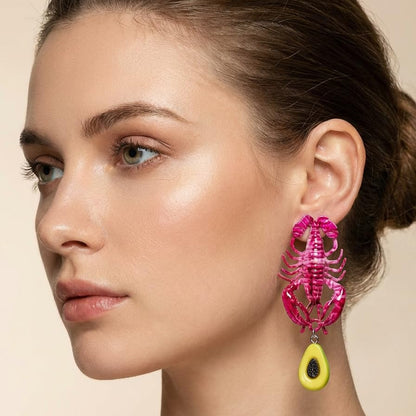 Creative Exaggerated Ocean Animal Drop Dangle Earrings for Women, Bohemia Style Alloy Lobster Octopus Fish Crab Earrings for Summer Beach Holiday Party Jewelry Gifts - style: Pink Lobster Earrings-E