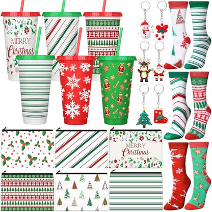 Funnymoom 24 Pcs Christmas Gifts Set Include 24 oz Merry Christmas Plastic Tumbler Cup with Lids and Straw Makeup Cosmetic Bag Crew Santa Sock Keychain for Xmas Party Favor Winter Friendmas Gifts - style: Pine and Berry