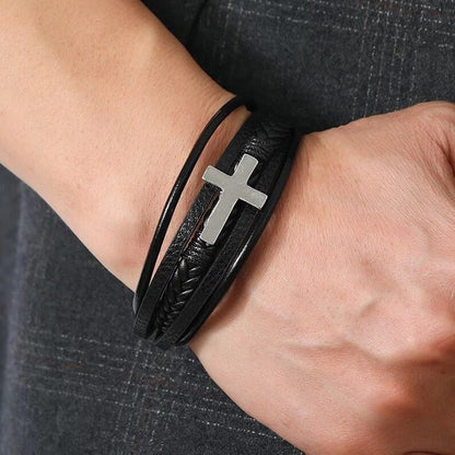 Fahonie Cross Leather Bracelet for Men Women 316L Stainless Steel with 18K Gold Plated Christ Jesus Multi-layer Handmade Christian Bracelet,7.5/8/9 Inches - color: Silver