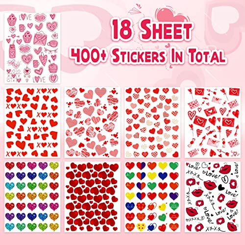 LINAYE Valentines Stickers for Kids - 400PCS Cute Valentines Love Stickers for Cards Envelopes Craft Scrapbooking Valentine Day Party Favors Supplies for Girls Boys - style: Heart 18 Sheets