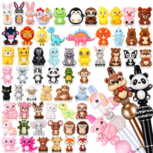 Tondiamo 60 Pcs 3D Animal Silicone Focal Beads for Pens, Cute Non-Repeated Animal Focal Bead Bulk for Beadable Keychain DIY Crafts Necklace Bracelet Phone Chain Charms Jewelry Making Gift Handmade - style: 3D Animal
