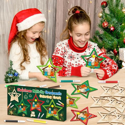 BeYumi Christmas Wooden Star Craft - 20Pcs DIY Wooden Star Ornaments Craft Kit for Kids Make Your Own Nativity Stars Christian Religious Xmas Craft with Gem Sticker Church Party Decoration Supplies - style: Star