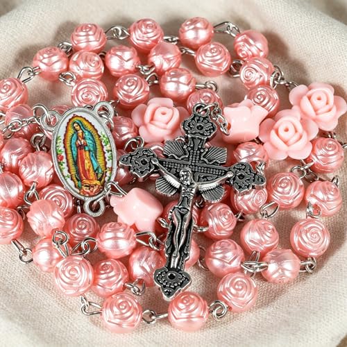 Handmade Rosary Beads for Women, Elegant Catholic Gifts for First Communion, Confirmation & Spiritual Prayer, Unique Beaded Rosary Necklace with Zippered Case - color: Pink - Our Lady of Guadalupe