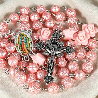 Handmade Rosary Beads for Women, Elegant Catholic Gifts for First Communion, Confirmation & Spiritual Prayer, Unique Beaded Rosary Necklace with Zippered Case - color: Pink - Our Lady of Guadalupe