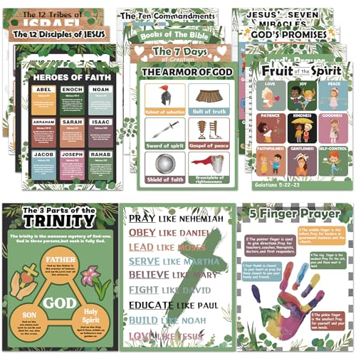 15Pcs Bible Posters for Classroom Sunday School Wall Decor Greenery Christian Books of The Bible Verse Eucalyptus Ten Commandments Poster Set Religious Scripture VBS Bulletin Board Decor(14 x 11in)
