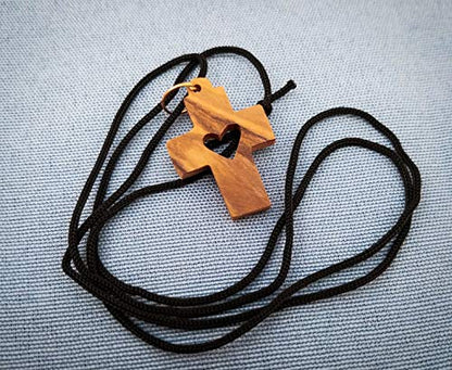 Logos Trading Post Heart Cross, Wooden Cross Necklace for Men & Women, Certified Holy Land Olive Wood Orthodox Pendant Necklace from Bethlehem Israel, Christian & Catholic Religious Keepsake Gift