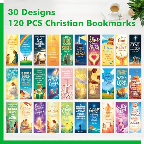 120 PCS Bible Verse Bookmarks, 30 Delicate Designs Mini Prayer Cards Cartoon Style Motivational Inspirational Quote Page Marks for Bible Study, Religious, Christian, Book Lovers - style: Bible Verse Bookmarks（Cartoon Style）