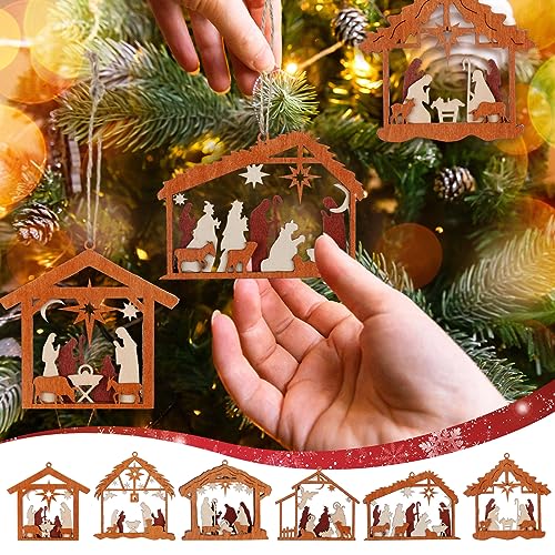 Bucherry 6 Pcs Wooden Christmas Nativity Scene Ornaments Bulk,House - style: House