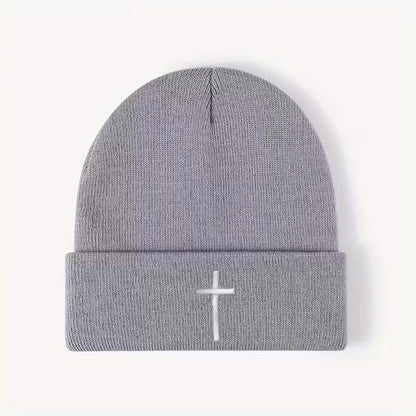 Unisex Stretch Warm Winter Skull Cap, Cold Weather Knit Beanie - color: Grey - 3d Cross Embroidery