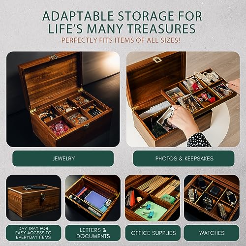 Public House Locking Wooden Keepsake Box, Customizable Design With Adjustable Tray. Large Wooden Box with Hinged Lid for Wedding and Memory Keepsakes - color: Walnut