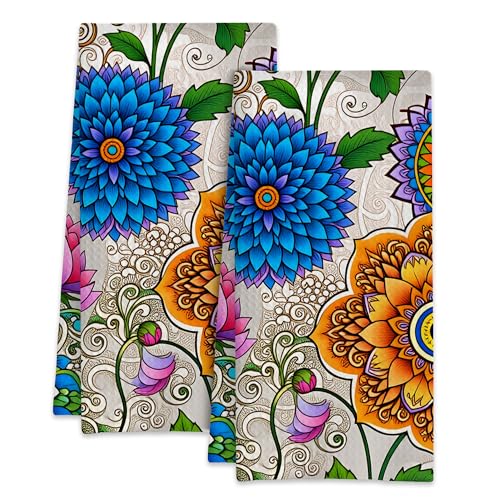 Boho Floral Mandala Kitchen Dish Towels,Farmhouse Hand Towels 16x24 Inch Decorative Absorbent Dish Cloth for Cooking Baking Cleaning Bathroom Decor Set of 2 - color: Boho Floral Mandala