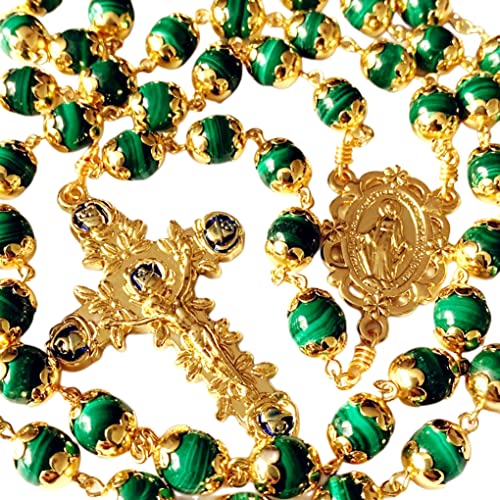 elegantmedical HANDMADE UNDOUBTED Malachite GOLD Rosary Prayer Beads Necklace Catholic Gift & Box